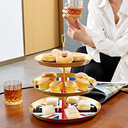 Cupcake Kijelző Desszert Torony, Műanyag 3 Rétegű Sütemény Arany Z Állni, Brit BRIT Zászlót a Londoni Városkép Desszert Torony