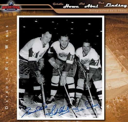 Gyártósor Aláírt 11x14 Fotó - Gordie Howe, Sid Abel, & Ted Lindsay - Dedikált NHL-Fotók