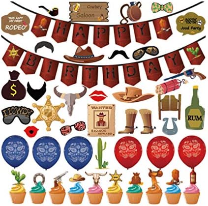 Amosfun Cowboy Banner Fél Örvény Dekoráció Cupcake Topper Lufi Fotó Kellékek Fél Kit Nyugati Cowboy Party Kellék