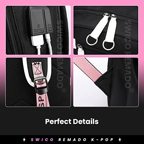 Swico Remado K-pop Laptop Táska Bookbag Töltés USB Fejhallgató Port, Fekete-Rózsaszín (Fekete-Fehér)