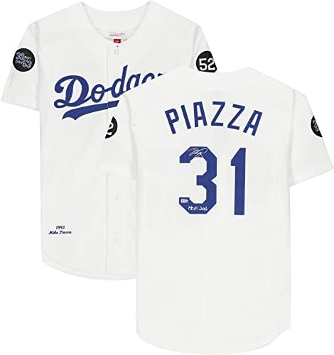 Mike Piazza Los Angeles Dodgers Dedikált Mitchell pedig Ness Fehér Hiteles Jersey a HOF Felirat, - Dedikált MLB Mezek