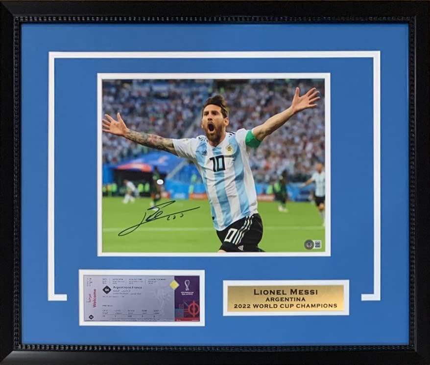 Lionel Messi Dedikált Argentína Aláírt 2022-világbajnokság-Bajnokok Keretes 11x14 Foci Fotó Beckett COA
