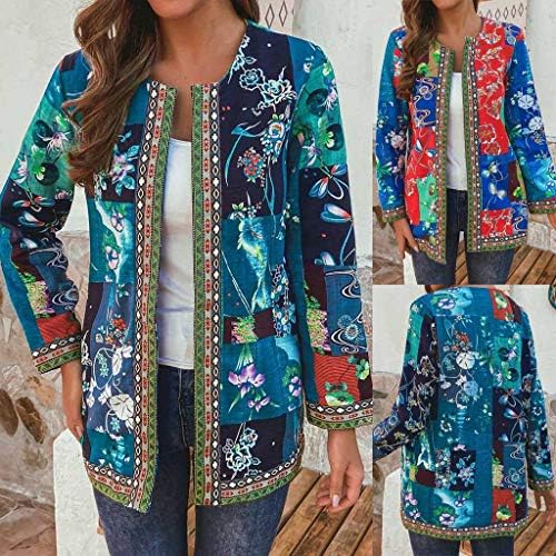 UOFOCO Kabátok Női Vintage Plus Size Etnikai Stílus virágmintás Hosszú Ujjú Pamut Kabát