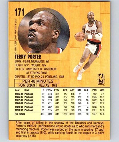 1991-92 Fleer Kosárlabda 171 Terry Porter Portland Trail Blazers NBA Hivatalos Kártyára A Fleer/cellába zárnak