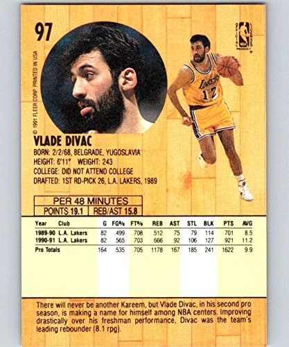 1991-92 Fleer Kosárlabda 97 Vlade Divac Los Angeles Lakers NBA Hivatalos Kártyára A Fleer/cellába zárnak