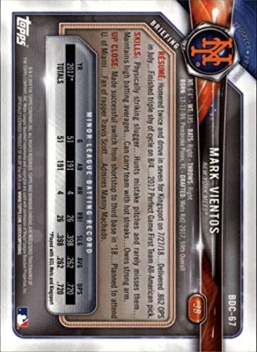 Bowman 2018-Tervezet Chrome BDC-67 Mark Vientos New York Mets RC Újonc MLB Baseball Trading Card