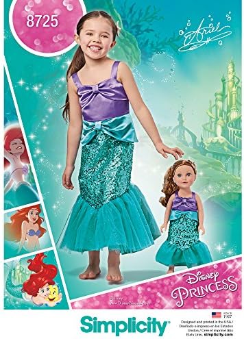 Az egyszerűség 8725 Disney Princess Ariel Halloween Jelmez Varrás Minta, a Lányok, mind a Babák Méretben 3-8