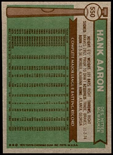1976 Topps 550 Hank Aaron Milwaukee Brewers (Baseball Kártya) NM Brewers