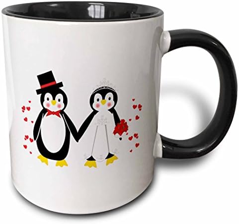 3dRose Aranyos Piros Szívek Pingvin Menyasszony Meg a Vőlegény Esküvői Pár Két Hang Bögre, 11 oz, Fekete
