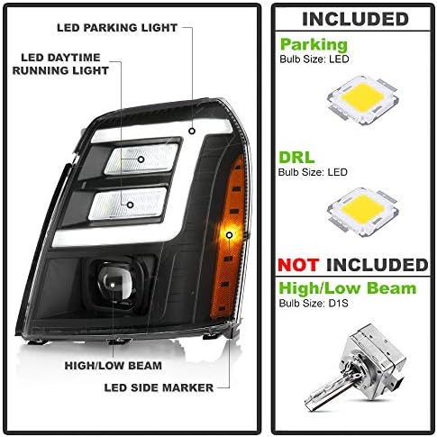 ACANII - A [HID/Xenon Modell] 2007-2014 Cadillac Escalade Fekete Ház LED Cső DRL Vetítő Fényszórók, Fényszóró Beállítás