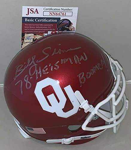Billy Sims aláírt Oklahoma Sooners mini sisak W/Heisman Felirat SZÖVETSÉG - Dedikált Főiskola Mini Sisak