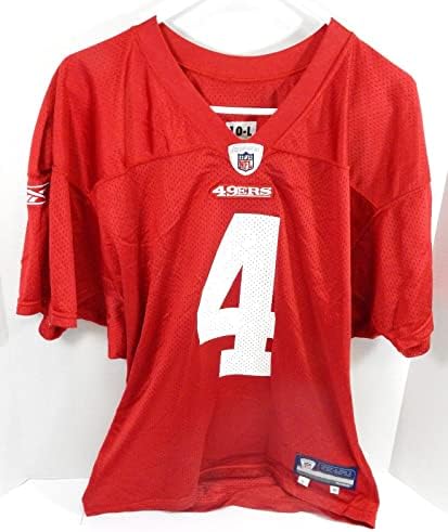 2010-ben a San Francisco 49ers 4 Játék Használt Piros Mez L 755 - Aláíratlan NFL Játék Használt Mezek