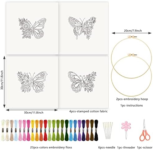 INFUNLY 4 db Pillangó Hímzés Starter Kit Kezdőknek Virág Lepecsételt keresztszemes Készletek Útmutató Kezdőknek Felnőttek