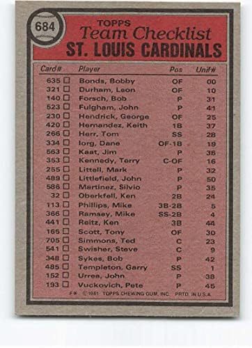 1981 Topps 684 Bíborosok Csapat/Whitey Herzog MG EX/NM St. Louis Cardinals Baseball Trading Card MLB